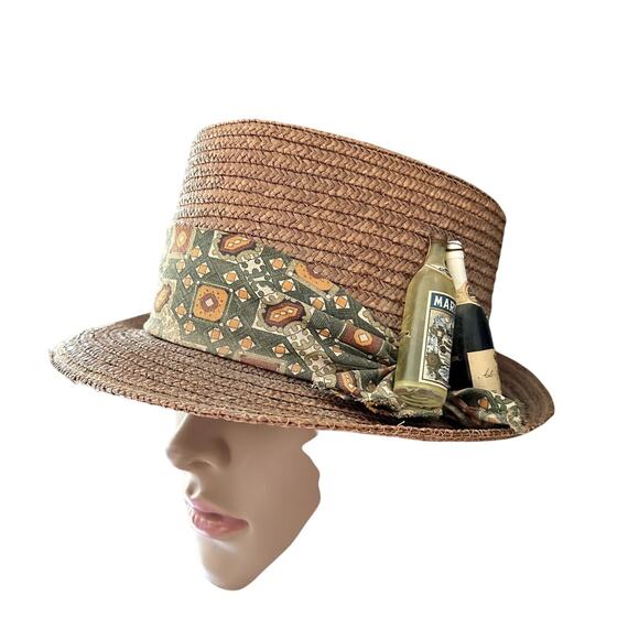 Vintage 50s Italian Straw Fedora Sun Hat Woven Bottle Beach Summer Made in Italy - Picture 1 of 12